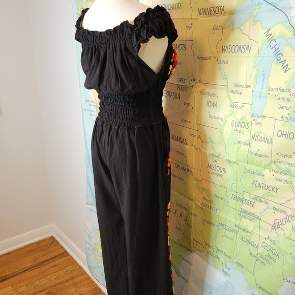 Adorable Mexican Floral Embroidered Black Jumpsuit With Pockets Size S - Picture 8 of 14